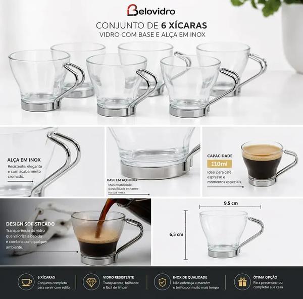 Conjunto Xícaras Belovidro base inox